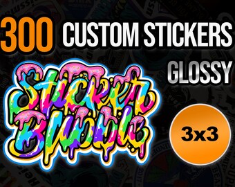 300 adesivos personalizados de 3x3 polegadas, vinil brilhante e recortado em cores