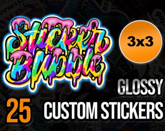 25 adesivos personalizados de 3x3 polegadas, vinil brilhante colorido e recortado