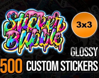 500 adesivos personalizados de 3x3 polegadas, vinil brilhante colorido e recortado