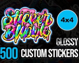 500 adesivos personalizados de 4x4 polegadas, vinil brilhante colorido e recortado