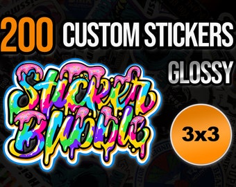 200 adesivos personalizados de 3x3 polegadas, vinil brilhante colorido e recortado