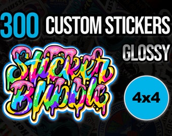 300 adesivos personalizados de 4x4 polegadas, vinil brilhante e recortado em cores