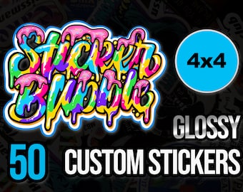 50 adesivos personalizados de 4x4 polegadas, vinil brilhante colorido e recortado