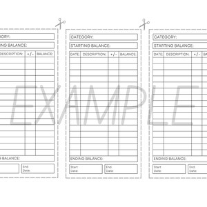 May include: Three printable budget tracker pages with a category, starting balance, date, description, plus or minus, balance, and ending balance sections. Each page has a gray scissor icon at the top.