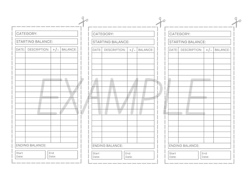 May include: Three printable budget tracker pages with a category, starting balance, date, description, plus or minus, balance, and ending balance sections. Each page has a gray scissor icon at the top.
