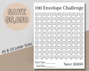 Printable 100 Envelope Challenge Savings Tracker 5,050 Dollars