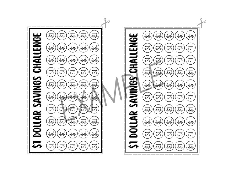 May include: A printable $1 dollar savings challenge chart. The chart has 100 circles, each representing $1. The chart is black and white.