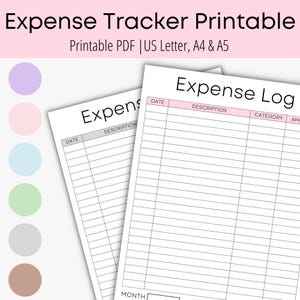 May include: Two printable expense tracker sheets with the title "Expense Tracker Printable". The sheets have columns for date, description, category, and amount. The top banner reads "Expense Log". The image also includes the text "Printable PDF | US Letter, A4 & A5".