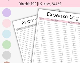 Expense Log Tracker | Spending Log | Cash Trackers | Printable insert | Spending Sheet | Purchase Log | Expense Tracker | 6 Colors