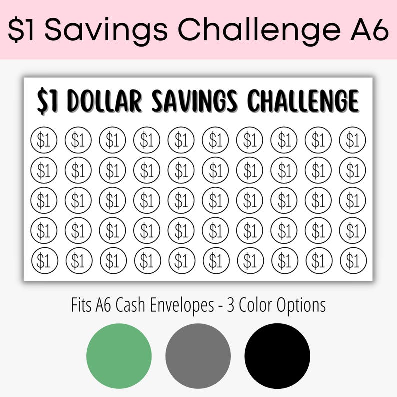 May include: A printable $1 Dollar Savings Challenge chart with 30 circles, each containing the number "$1". The chart is designed to fit A6 cash envelopes. Three color options are shown: green, gray, and black.