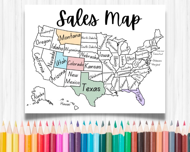 US Sales Map Printable, Printable Sales Map, Sales Tracker, Coloring ...