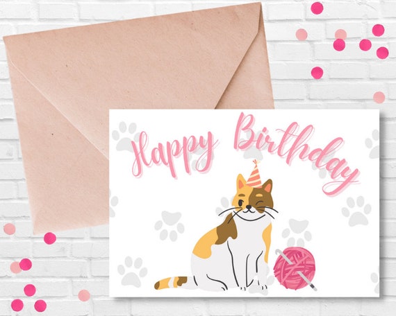 Cat Happy Birthday Card Printable Animal Birthday Card - Etsy