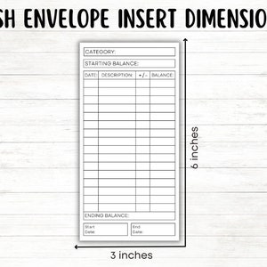 May include: A black and white printable cash envelope insert template with a grid for tracking expenses. The template is 3 inches wide and 6 inches tall.