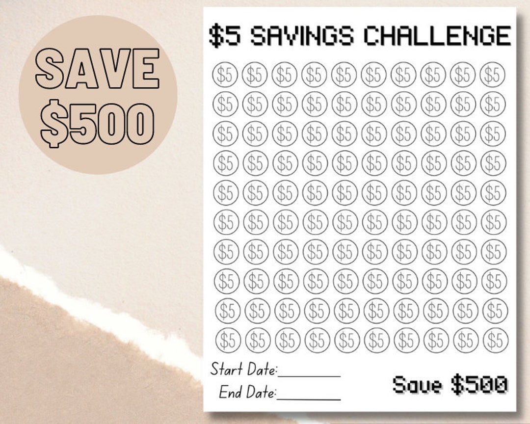 Printable 5 Dollar Savings Challenge, 500 Dollar Savings, Savings Goal ...