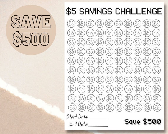 Printable 5 Dollar Savings Challenge 500 Dollar Savings | Etsy