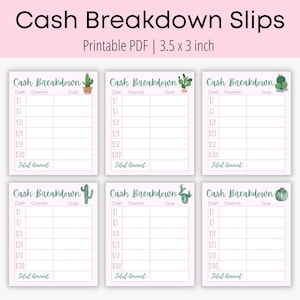 Stampabili biglietti di ripartizione del denaro contante a tema cactus rosa 6 pezzi / Biglietti di cassa / Budget stampabili / Budget di cassa / Biglietti bancari / Biglietti di bilancio