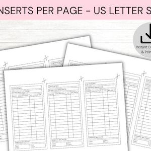 May include: Printable budget tracker insert pages for a US Letter size planner. The pages are divided into three sections, each with a category, starting balance, date, description, plus/minus, and balance columns. Each section has a space for an ending balance.