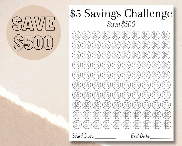 Printable 5 Dollar Savings Challenge 500 Dollar Savings - Etsy