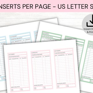 Pu&ograve; includere: Tre pagine di tracciamento del budget stampabili in azzurro, rosa e verde. Ogni pagina ha sezioni per la categoria, il saldo iniziale, la data, la descrizione, il pi&ugrave;/meno, il saldo e il saldo finale. Le pagine sono progettate per carta di formato US Letter.