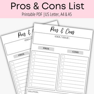 Pros and Cons List Printable | Planner Pages | Daily Planner | Problem Solving Printable | Journal Insert | Decisions Planner | A4 | A5