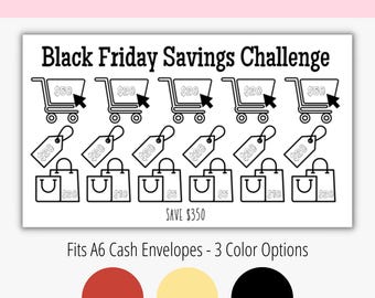 Puede incluir: Un rastreador de desafío de ahorros del Black Friday imprimible en blanco y negro con carritos de compras, bolsas de compras y etiquetas de precios. El rastreador está diseñado para adaptarse a sobres de efectivo A6. Se muestran tres opciones de color: rojo, amarillo y negro.
