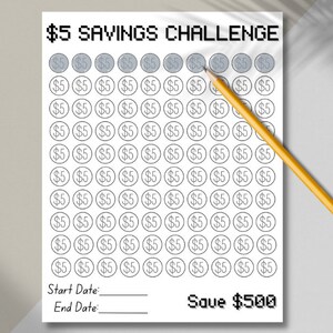 Printable 5 Dollar Savings Challenge, 500 Dollar Savings, Savings Goal ...