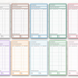 Pu&ograve; includere: Dieci fogli di tracciamento del budget stampabili in diversi colori pastello. Ogni foglio ha un'intestazione di categoria, un saldo iniziale, una data, una descrizione, un pi&ugrave; o un meno, un saldo e un saldo finale.
