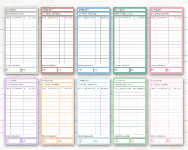 Pu&ograve; includere: Dieci fogli di tracciamento del budget stampabili in diversi colori pastello. Ogni foglio ha un'intestazione di categoria, un saldo iniziale, una data, una descrizione, un pi&ugrave; o un meno, un saldo e un saldo finale.