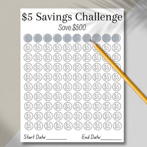 Printable 5 Dollar Savings Challenge, 500 Dollar Savings, Savings Goal
