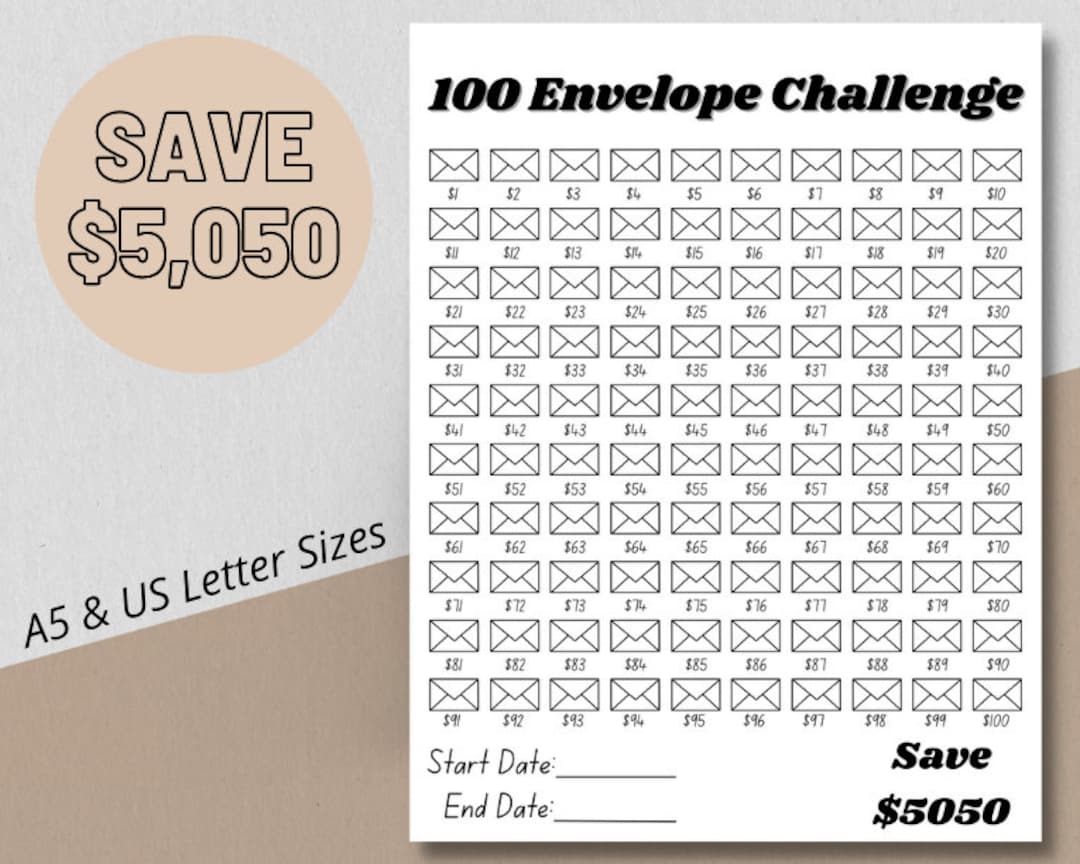 Printable 100 Envelope Challenge Savings Tracker 5 050 Dollars Savings