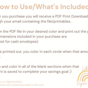 May include: Instructions on how to use a printable savings tracker. The instructions include information about the file format, size, and how to color in the circles and sections to track savings goals. The image also includes a logo for Libby Digital Studio.