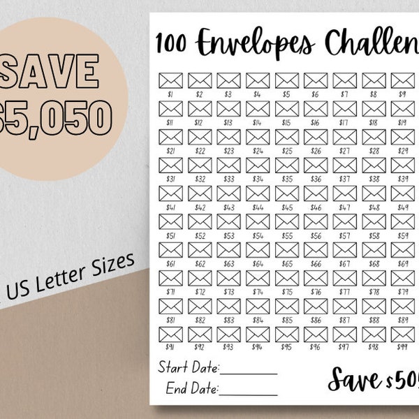 Printable 100 Envelopes Challenge Savings Tracker 5,050 dollars | Savings challenge | 100 envelopes | Money Tracker | Cash Envelopes