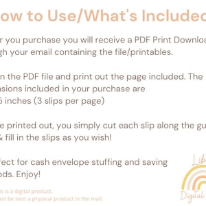 May include: Instructions on how to use printable cash envelope slips. The text reads "How to Use/What's Included:" and includes instructions on how to print, cut, and use the slips. The text also states that the slips are 11 x 8.5 inches and that there are 3 slips per page. The image also includes a logo for "Libby Digital Studio".