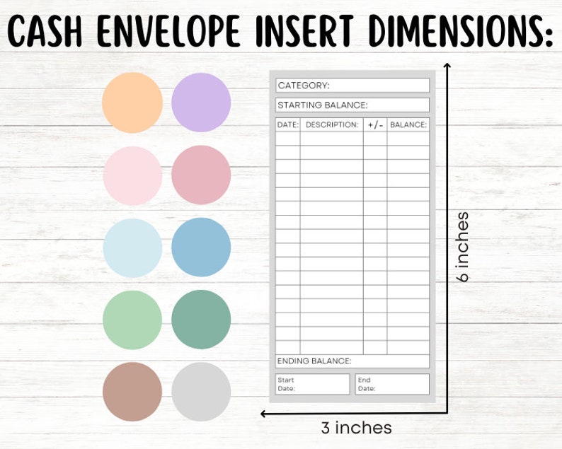 Pu&ograve; includere: Un modello di inserto per busta di denaro stampabile con un tracker di budget e spazio per una categoria, un saldo iniziale, una data, una descrizione, pi&ugrave; o meno, un saldo e un saldo finale. Il modello &egrave; largo 7,6 cm e alto 15,2 cm. Il modello &egrave; progettato per essere stampato su carta A4 e poi ritagliato.