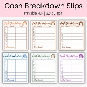 Printable Rainbow Themed Cash Breakdown Slips 6 pack | Teller Slips | Boho Teller Slips | Budgeting Printable | Cash Budgeting | Bank Slips
