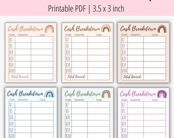 Printable Rainbow Themed Cash Breakdown Slips 6 pack | Teller Slips | Boho Teller Slips | Budgeting Printable | Cash Budgeting | Bank Slips