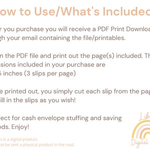 Pu&ograve; includere: Istruzioni su come utilizzare e cosa &egrave; incluso in un download PDF stampabile per riempire le buste per contanti. Il testo dice "Come usare/Cosa &egrave; incluso:" e elenca i passaggi per utilizzare il PDF stampabile. Il testo dice anche "Nota: Questo &egrave; un prodotto digitale. Non ti verr&agrave; inviato un prodotto fisico per posta."