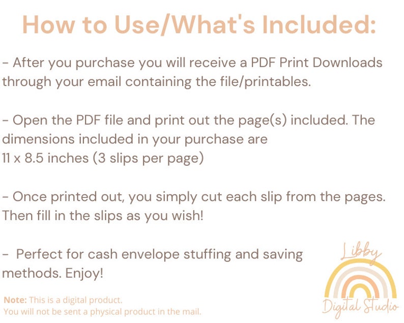 Pu&ograve; includere: Istruzioni su come utilizzare e cosa &egrave; incluso in un download PDF stampabile per riempire le buste per contanti. Il testo dice "Come usare/Cosa &egrave; incluso:" e elenca i passaggi per utilizzare il PDF stampabile. Il testo dice anche "Nota: Questo &egrave; un prodotto digitale. Non ti verr&agrave; inviato un prodotto fisico per posta."