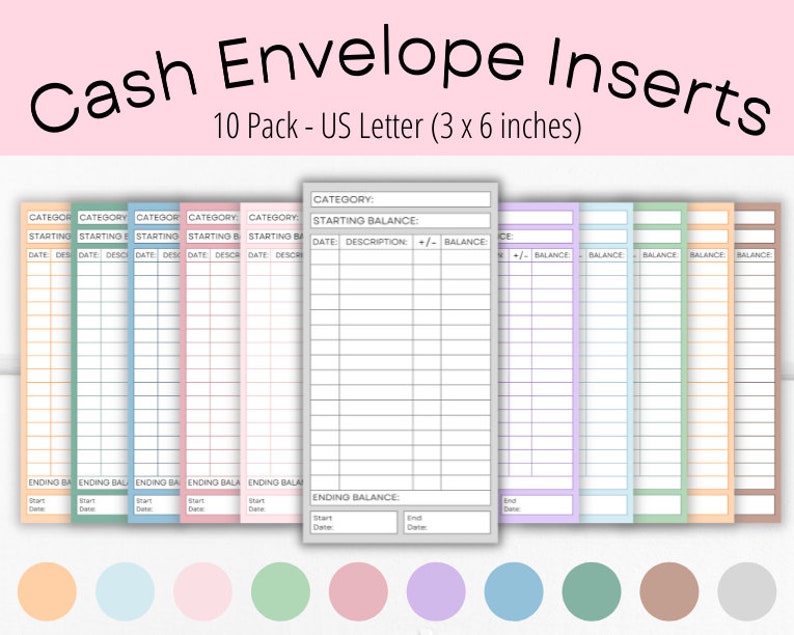 Pu&ograve; includere: Dieci inserti per buste di contanti stampabili in vari colori pastello, tra cui pesca, azzurro, rosa, verde e grigio. Ogni inserto ha una sezione per la categoria, il saldo iniziale, la data, la descrizione, il saldo +/- e il saldo finale. Gli inserti sono progettati per carta di formato US Letter (3 x 6 pollici).