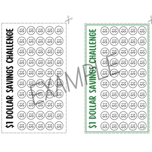 May include: A printable $1 dollar savings challenge chart with 100 circles, each representing a dollar. The chart is designed to help people save money.