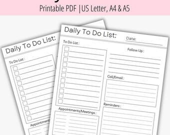 Minimalist Daily To Do List Printable | Work Planner | Digital Planner | Daily Weekly Fillable PDF | A4/A5/Us Letter/Half | Blank To Do List