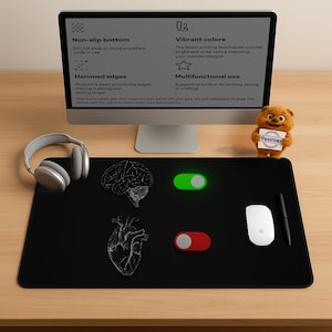 Może przedstawiać: Czarna prostokątna podkładka pod biurko z ilustracją mózgu i serca, zielonym i czerwonym przełącznikiem, białą myszą i czarnym długopisem. Ekran komputera wyświetla cechy produktu. Mały pluszowy miś trzyma znak.