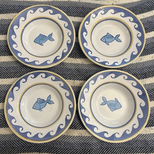 Pottery Barn Set of 4 Blue Fish Soup Plate Italy 10”