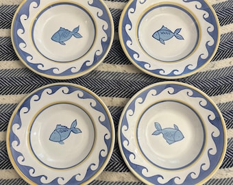 Pottery Barn Set of 4 Blue Fish Soup Plate Italy 10”