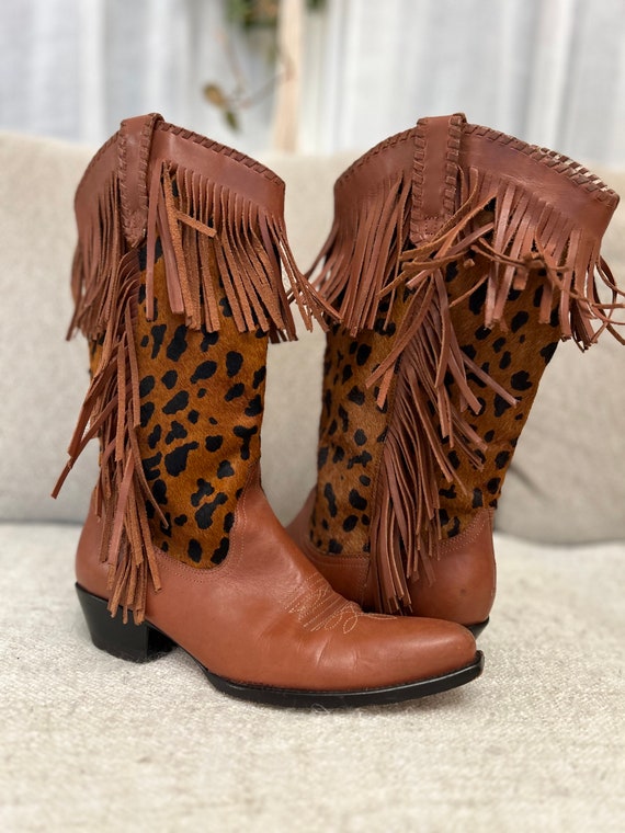 Leopard fringe boots hot sale