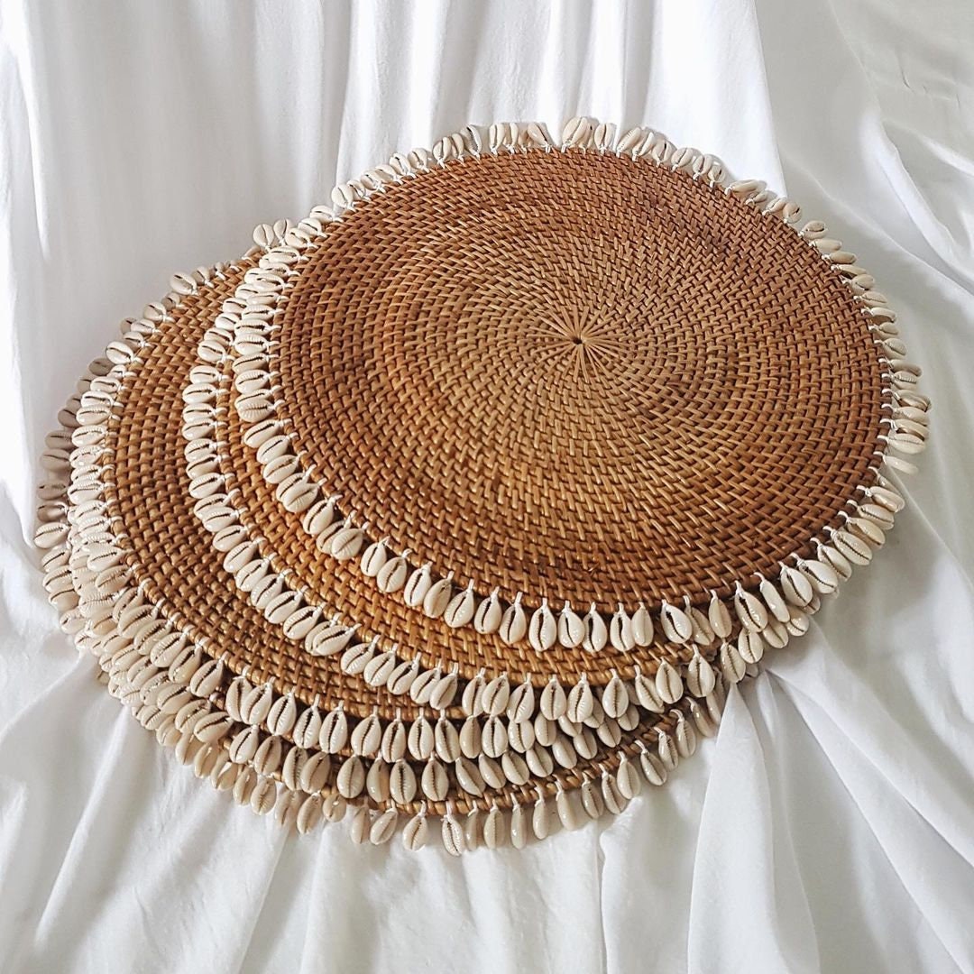 Set of 4 Cowrie Shell Placemats Shell Placemats Rattan Etsy