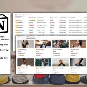 Pode incluir: Uma captura de tela de um site que mostra uma lista de amigos com seus nomes, nacionalidades e fotos. O site é otimizado para dispositivos móveis, iPad e web. O site também tem uma visualização de lista e galeria. O site permite que você registre e classifique por nome, nacionalidade, local/hora em que você se encontrou, Instagram, número de telefone, interesses e muito mais.