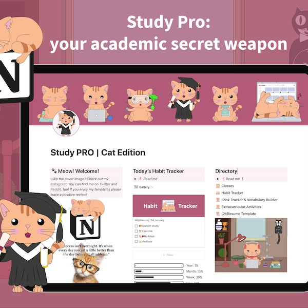 Notion Studieplanner Cat Editie | Levensplanner | Begripsjabloon | Notie-organisator | Productiviteit | School | Student van Midnight Astronaut