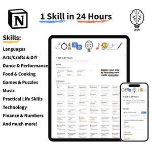 Könnte beinhalten: Ein Screenshot einer Website, die eine Liste von Fähigkeiten zeigt, die in 24 Stunden erlernt werden können. Die Website heißt "1 Skill in 24 Hours" und bietet eine Vielzahl von Fähigkeiten, darunter Sprachen, Kunst und Handwerk, Tanz, Essen und Kochen, Spiele und Rätsel, Musik, praktische Lebenskompetenzen, Technologie, Finanzen und Zahlen und vieles mehr.
