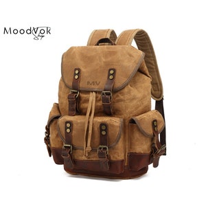 Unisex Travel Backpack Waxed Canvas, Brown leather backpack, 17" backpack, Waterproof backpack, Brown leather Rucksack, Outdoor Backpack